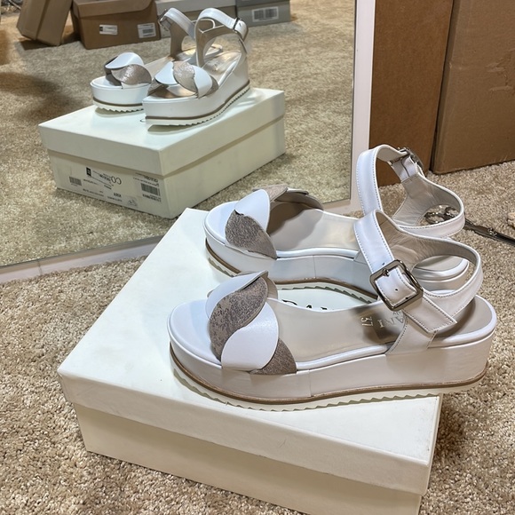 NIB (37) 7 Cordani Calzature pure white open toe ankle str flatform leather gold - Picture 9 of 13